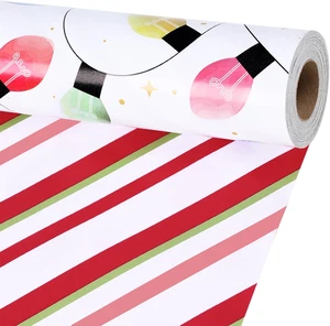 Rollo de papel de envolver Navidad reversible | Diseño de luces y rayas rojas de 17"x33' - Imagen 1 de 8