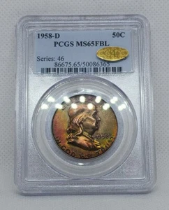 1958 D Franklin Half Dollar PCGS MS65FBL CAC GOLD Rainbow Toned Vivid Color - Picture 1 of 8
