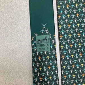 Hermes Silk Neck Tie Horse Jockey Pattern Green W/Box Unused. - Picture 1 of 12