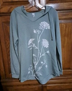 Women's M Signed Marushka Soft Fleece Hoodie Sage Green Queen Anne's Lace - Imagen 1 de 3