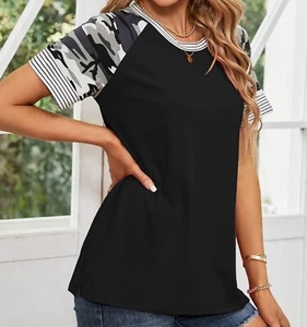 Aifer Color Block Tunic Casual Short Sleeve T Shirt Camo Striped Blouse Top SZ L - Picture 1 of 12