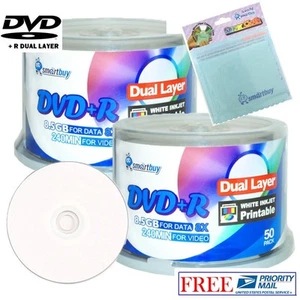 100 discos imprimibles por inyección de tinta blanca Smartbuy DVD+R DL 8X 8,5 GB + tela de microfibra - Imagen 1 de 4