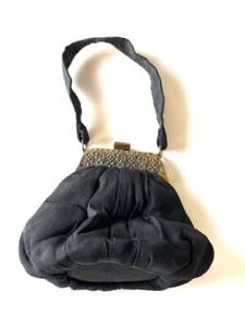 Vintage 1940's Black Wool 5.5" Purse, Unmarked, Gathered Base, Sits Upright, Tab - Picture 1 of 5
