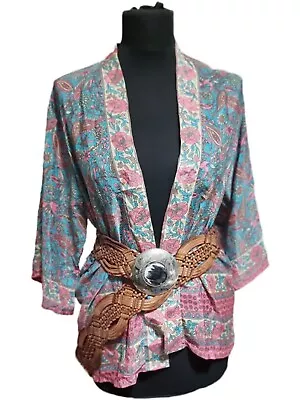 Handmade Silk Kimono Boho Coat Short Jacket Beach Cover Up Summer Robe vintage - Image 1 of 4