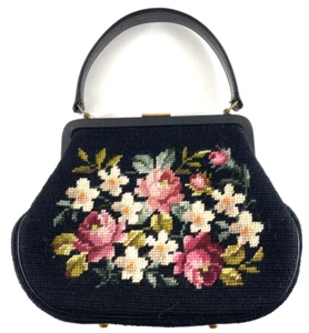 Borsa a mano vintage Petit Point ricamata a mano punto ago floreale - Foto 1 di 10