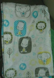 Fisher Price Baby Blanket White Lion Elephant Cloud Aqua Blue Yellow Gray 30x40 - Picture 1 of 3