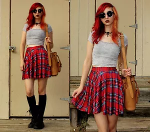 Red TARTAN Skater SKIRT High Waist PLAID Circle FLIP Mini SCHOOL Punk NEW 8-12 - Picture 1 of 4