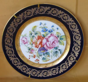 Assiette décoration porcelaine Limoges décor floral réhaussé main marli bleu/or - Picture 1 of 7