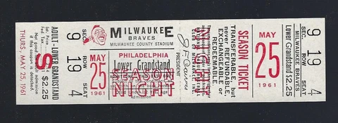 VINTAGE 1961 MLB PHILADELPHIA PHILLIES @ MILWAUKEE BRAVES FULL TICKET - MAY 25 Cover