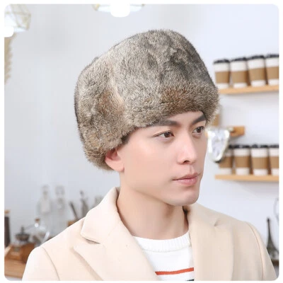 Мужчины реальный кроличий мех шляпа зимние теплые шапочка охоты лыж шляпа черный серый коричневый - Изображение 1 из 4