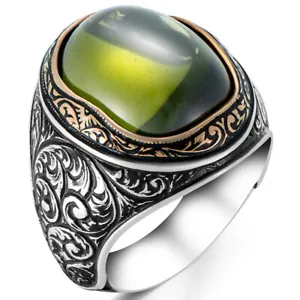 Solid 925 Sterling Silver Olive Colour Stone Turkish Men's Ring - Picture 1 of 3