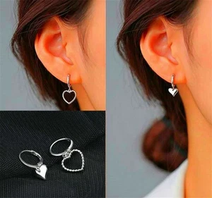 Earrings Sleeper Heart Hoop Jewellery Silver Plated Womens Silver Stud Fashion - Picture 1 of 10
