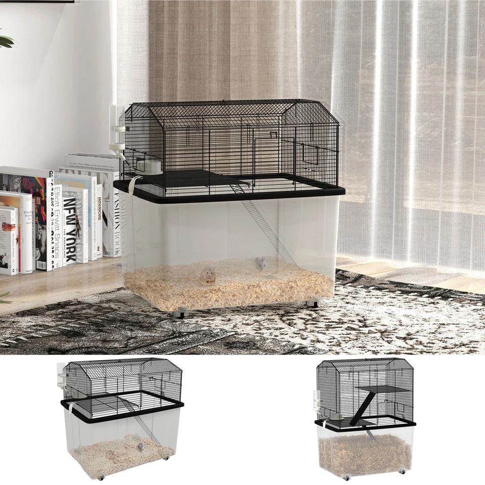 PAWHUT Hamster Cage for Dwarf Hamster, Syrian Hamster w/ Wheels - Black