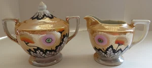 Orange Lusterware Double Handle Sugar Bowl & Creamer Set Hand Painted - Foto 1 di 9
