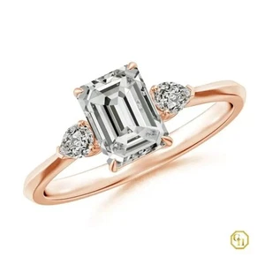 18k Emerald-Cut Gemstone and Pear Moissanite Three stone Ring | Rose Gold Plated - Picture 1 of 29
