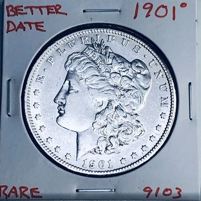 Dólar de plata O Morgan 1901 alta calidad genuino EE. UU. COMO NUEVO MONEDA RARA 9103 Foto 1 de 3