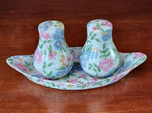 Chintz Salz & Pfefferstreuer & Tablett 3 Stück Porzellan Set Floral mit Goldrand - Bild 1 von 11