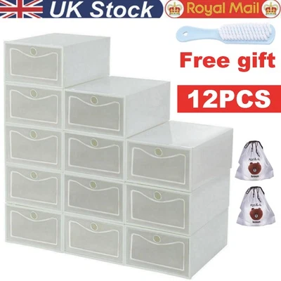 12x White Plastic Shoe Storage Boxes Drawer Stackable Foldable Durable Organiser - Image 1 of 4