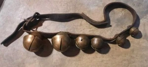 6 Antique Vintage Brass Sleigh Bells on Leather Strap  - Picture 1 of 15