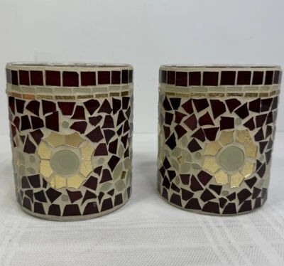 Candelabro Votivo Tealight Holder de TAG Rojo Blanco Mosaico Vidrio Juego de 2 Foto 1 de 4