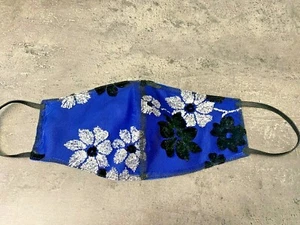 Premium Sequin Sparkle Face Mask Blue Satin Silver Glitter Black Velvet Flowers - Picture 1 of 5