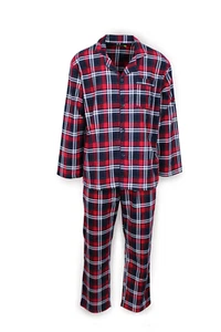 Mens Flannelette Pyjama Set Sleepwear Soft 100% Cotton PJs - Navy/Red - Picture 1 of 3
