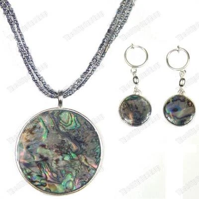 PAUA SHELL abalone NECKLACE & EARRINGS SET round pendant CLIP ON/HOOKS silver pl - Image 1 of 2