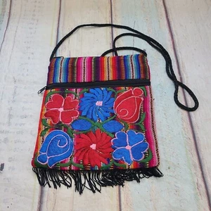 Beautiful Embroidered Flower Multi-color Fringe Cross Body Bag - Picture 1 of 3