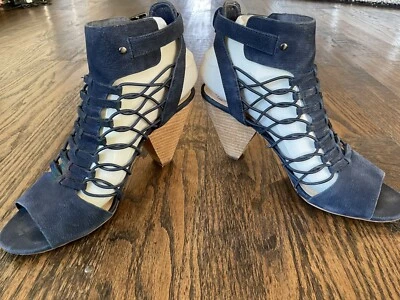 Vince Camuto Gladiator "Evel" Navy Leather Cone Heel Women's Sandals Size 8.5M - Image 1 of 4