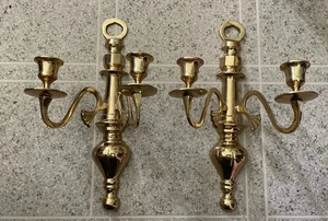 Vintage Paar massive Messing Doppelarm Wandleuchter Kegel Kerzenhalter - Bild 1 von 6