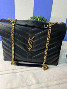 YSL Saint Laurent Medium Loulou Matelassé Leather Shoulder Bag Black/Gold - Picture 1 of 11