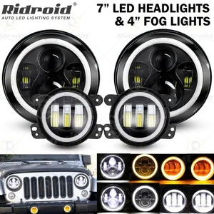 For Jeep Wrangler JK 2007-2018 Combo DOT 7'' LED Headlights Fog Lights Halo Kit - Picture 1 of 24