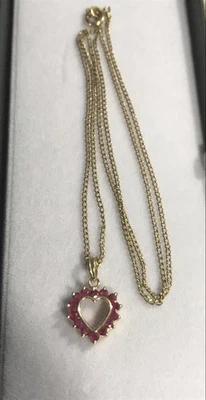 10k Gold Curb Cuban Necklace And 14k Gold Ruby Heart Pendant Stamped Genuine - Image 1 of 4