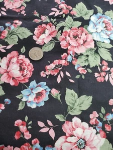 3/4 yds Pink & Blue Flowers Black Background Fabric by Cranston Schwartz Liebman - Picture 1 of 4