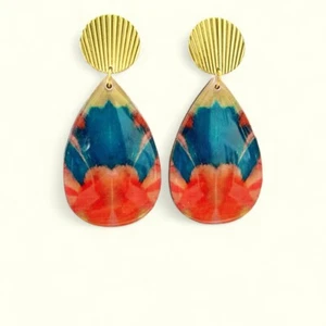 Multi Colored Floral Abstract Print Wood Pear Shape Dangle Print Earrings - Picture 1 of 5