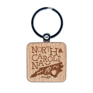 North Carolina State with Text Swirls Engraved Wood Square Keychain Tag Charm - Picture 1 of 6