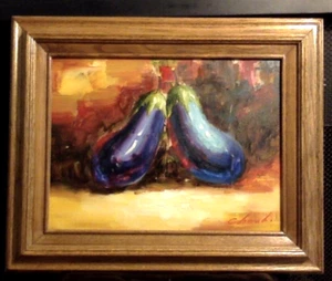 Signiertes Vintage Original Ölgemälde Aubergine Stillleben mit Hartholzrahmen - Bild 1 von 8