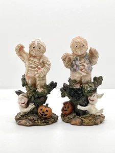 Halloween Mummy Ghost Pumpkin Figurines Set Resin Decor 6 Inch Cute Spooky Pair - Picture 1 of 12