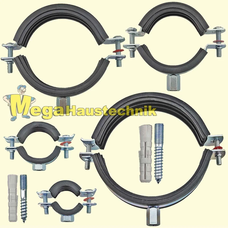 Rohrschellen 12 - 168 mm + Stockschrauben/Dübel Gelenkrohrschellen Schallschutz - Bild 1 von 1