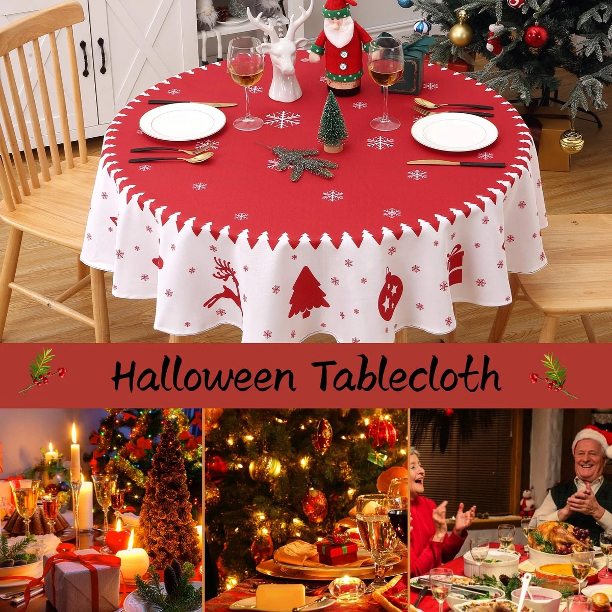 Weihnachts-Tischdecke Dunkelgrün Mit Roter Kerzen-Stickerei – Leinen-Optik, Rund Ca. 60 Cm