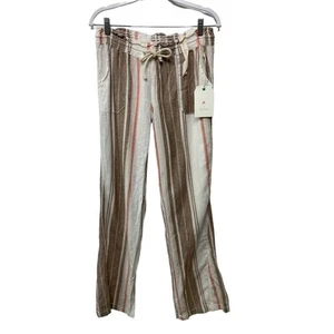 NWT April Kiss High Rise Straight Leg Pants Striped Linen Blend Women's Large - Picture 1 of 10