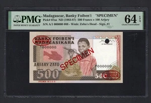 Madagascar 500 Francs = 100 Ariary ND(1983-87) P67as Spc Uncirculated Grade 64 - Picture 1 of 2