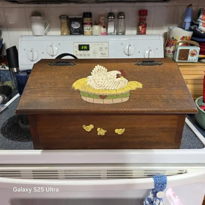 Vintage Wooden Bread Box with Drop Front Painted With Hen In Nest And Chicks - Image 1 of 4