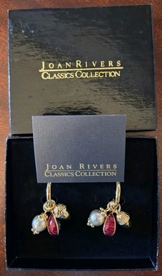 Joan Rivers Colección Clásica Tono Dorado Tres Dijes Pendientes ~ Huevo de Bellota "Perla" Foto 1 de 4