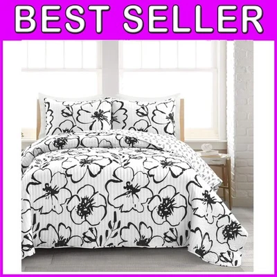 Elegante juego de edredón floral blanco y negro - 3 piezas reversible ropa de cama completa/queen Foto 1 de 4
