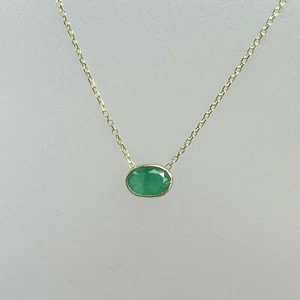 Solid 14K Yellow Gold Oval Natural Emerald Cable Chain Necklace 18" .69g - Picture 1 of 6