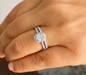 14k Solid White Gold Oval And Round Cut Moissanite Engagement Ring and Band 1.80 - Picture 1 of 11