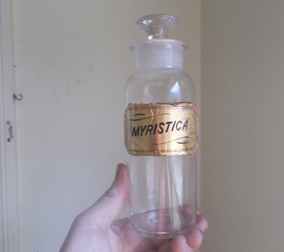 1860s MYRISTICA (NUTMEG) LABEL UNDER GLASS APOTHECARY DRUGSTORE BOTTLE & STOPPER • 70$
