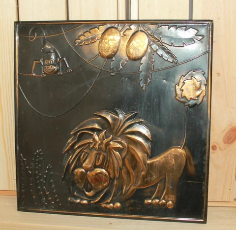 Vintage fairy tale wall hanging brass plaque lion and monkey Cover