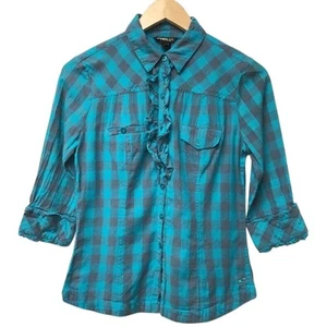 O Neill Top Womens Small Plaid Blue Purple Ruffle - Picture 1 of 8